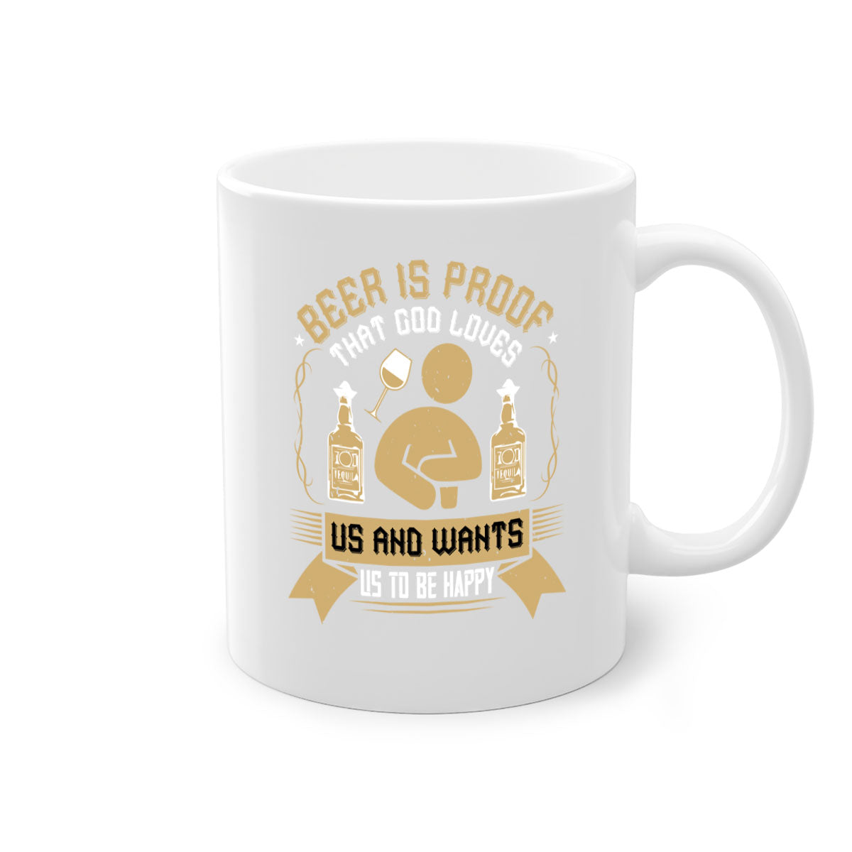 A stylish two-tone ceramic mug with a colored handle and interior, featuring the phrase 'Beer is Proof that God Loves Us and Wants Us to Be Happy 23#'.