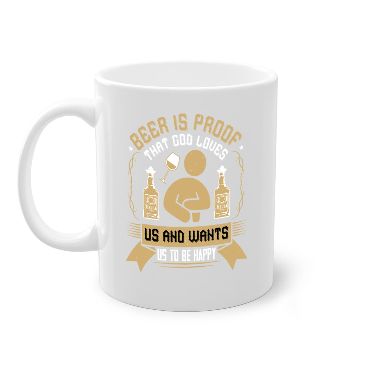 A stylish two-tone ceramic mug with a colored handle and interior, featuring the phrase 'Beer is Proof that God Loves Us and Wants Us to Be Happy 23#'.