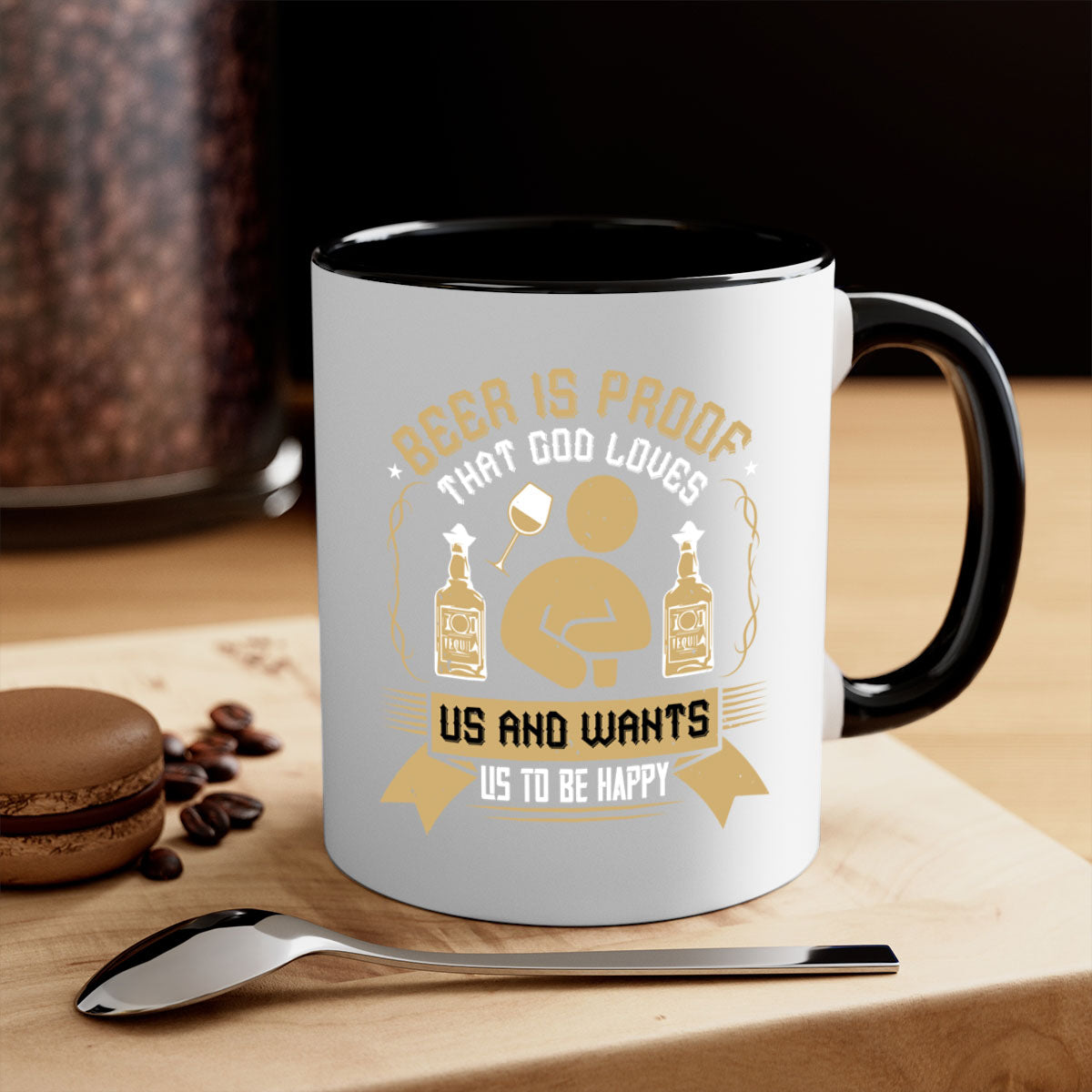 A stylish two-tone ceramic mug with a colored handle and interior, featuring the phrase 'Beer is Proof that God Loves Us and Wants Us to Be Happy 23#'.