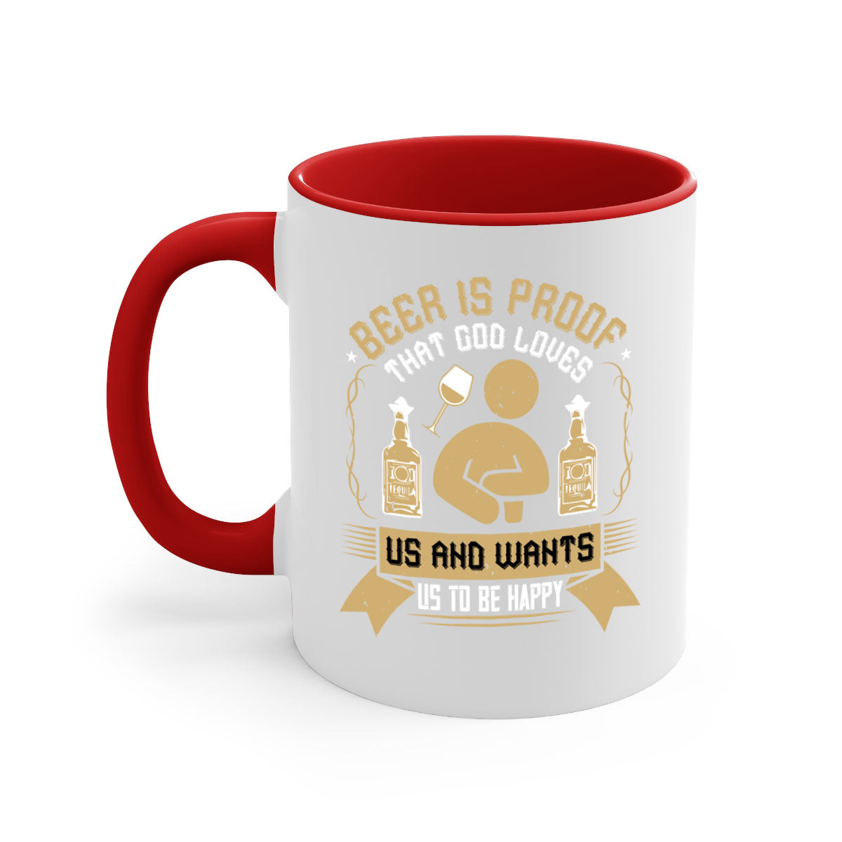 A stylish two-tone ceramic mug with a colored handle and interior, featuring the phrase 'Beer is Proof that God Loves Us and Wants Us to Be Happy 23#'.