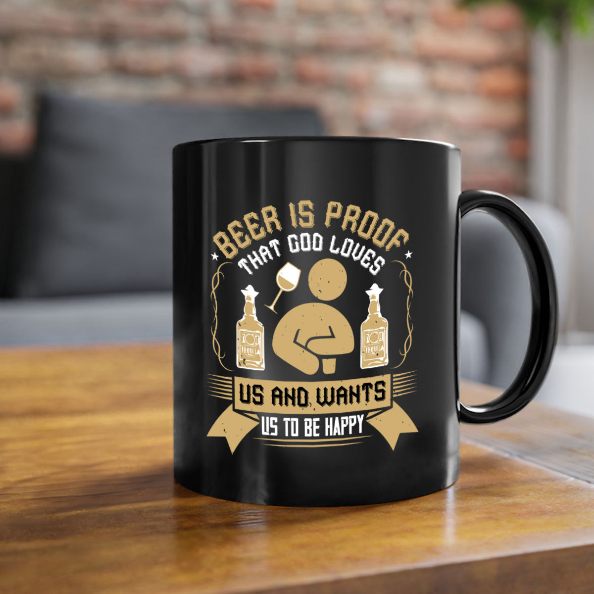A stylish two-tone ceramic mug with a colored handle and interior, featuring the phrase 'Beer is Proof that God Loves Us and Wants Us to Be Happy 23#'.