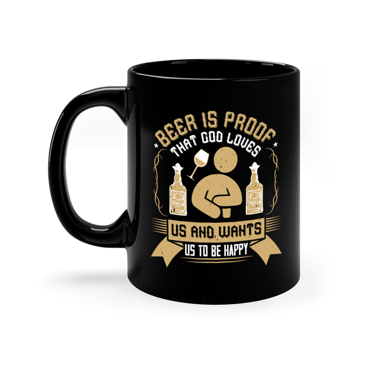 A stylish two-tone ceramic mug with a colored handle and interior, featuring the phrase 'Beer is Proof that God Loves Us and Wants Us to Be Happy 23#'.