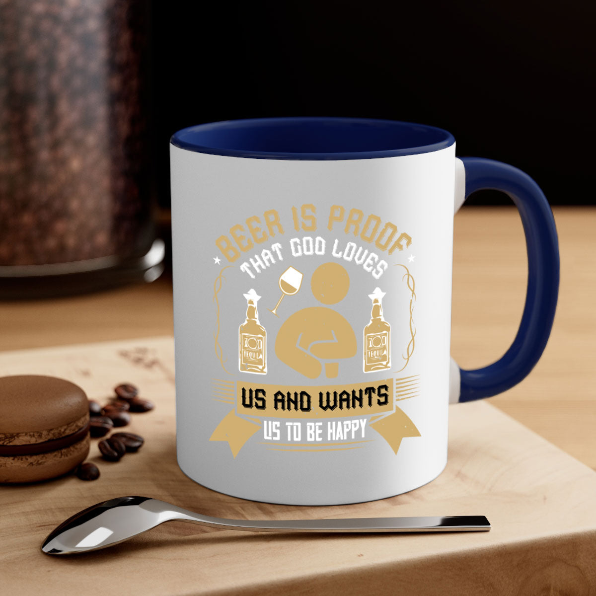 A stylish two-tone ceramic mug with a colored handle and interior, featuring the phrase 'Beer is Proof that God Loves Us and Wants Us to Be Happy 23#'.