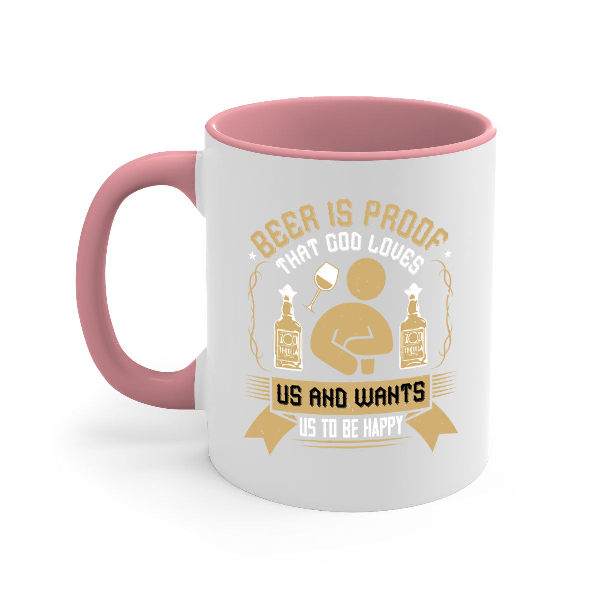 A stylish two-tone ceramic mug with a colored handle and interior, featuring the phrase 'Beer is Proof that God Loves Us and Wants Us to Be Happy 23#'.