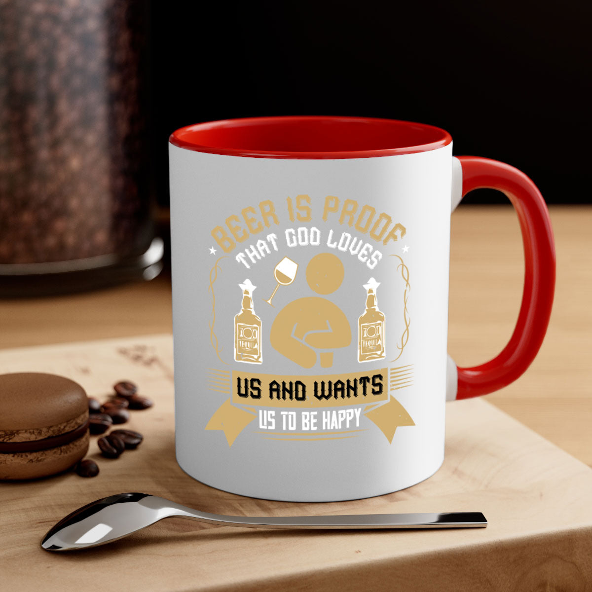 A stylish two-tone ceramic mug with a colored handle and interior, featuring the phrase 'Beer is Proof that God Loves Us and Wants Us to Be Happy 23#'.