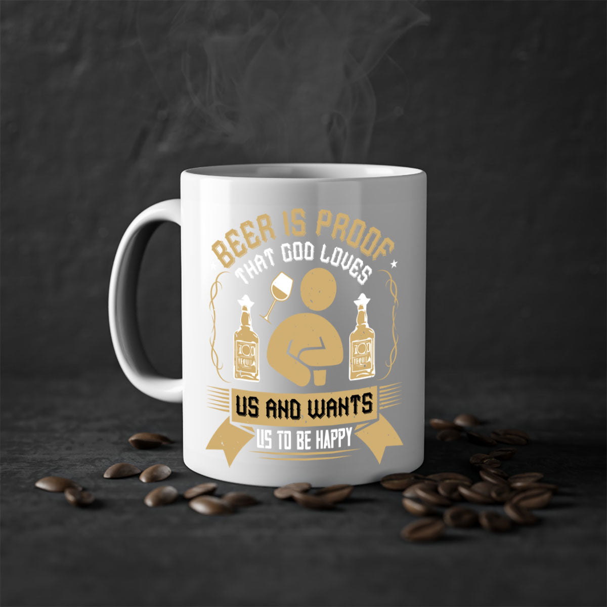 A stylish two-tone ceramic mug with a colored handle and interior, featuring the phrase 'Beer is Proof that God Loves Us and Wants Us to Be Happy 23#'.