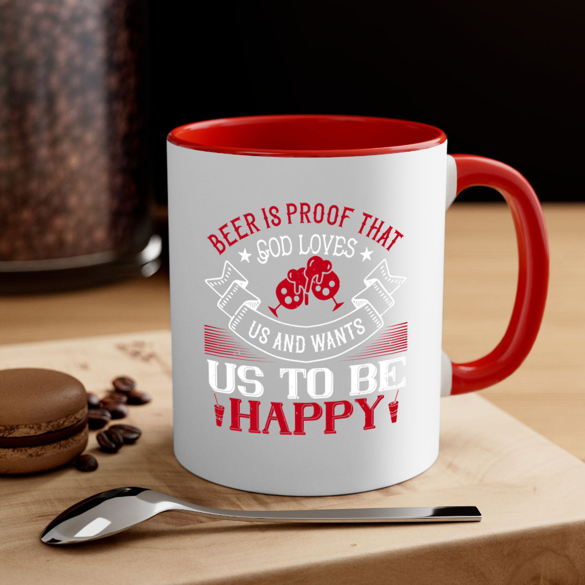 Ceramic mug with a glossy finish featuring the phrase 'Beer is Proof That God Loves Us and Wants Us to Be Happy', available in multiple colors.