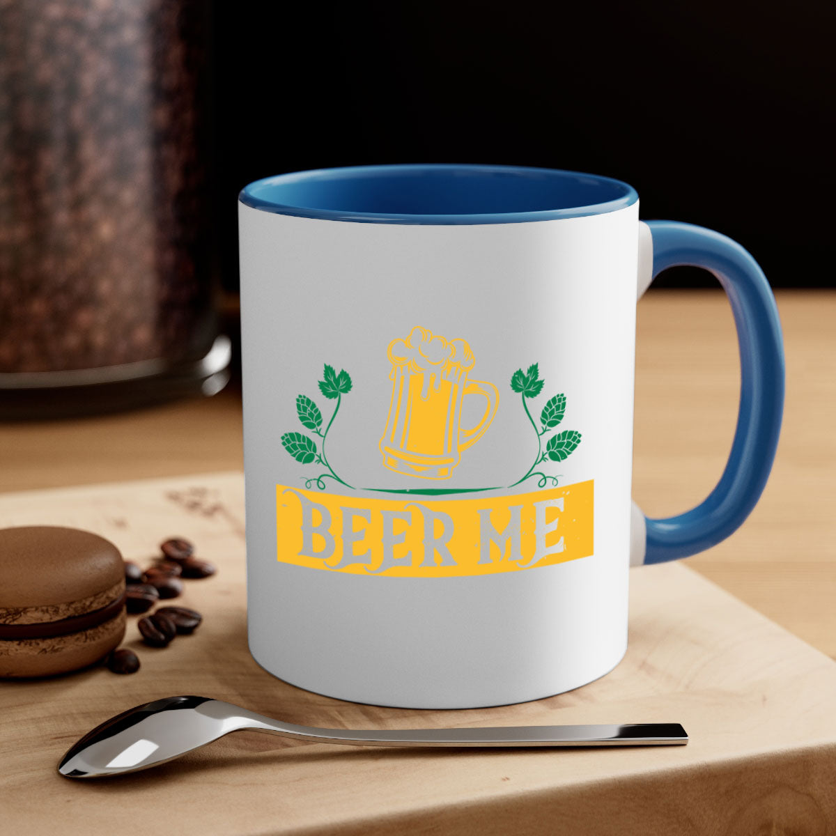 Beer Me 105# Mug featuring a glossy finish, colored handle, and interior, available in multiple colors and sizes.