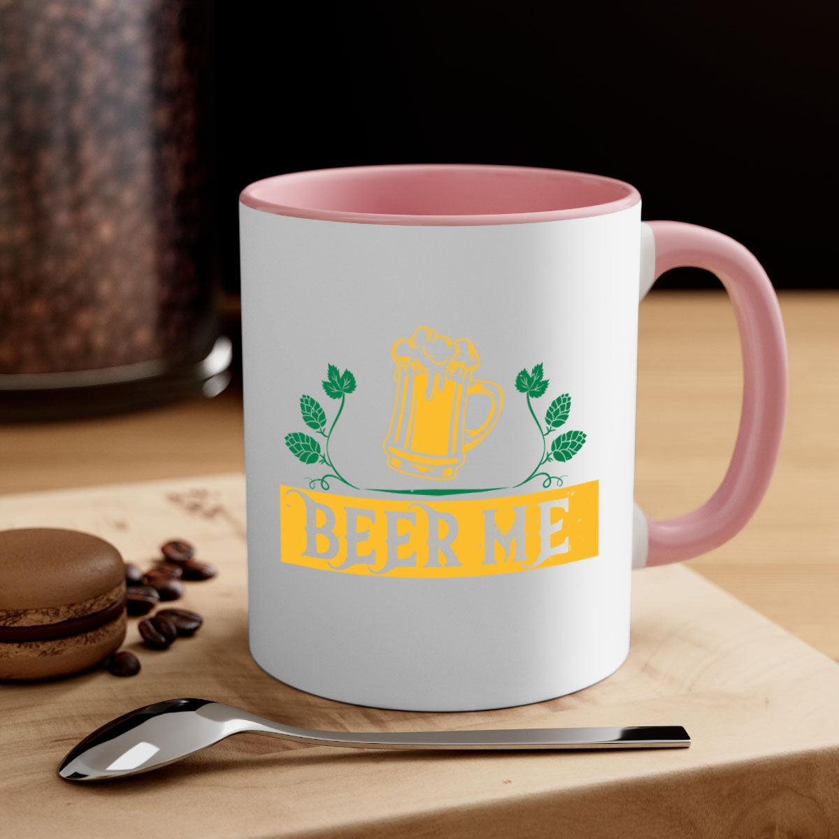 Beer Me 105# Mug featuring a glossy finish, colored handle, and interior, available in multiple colors and sizes.