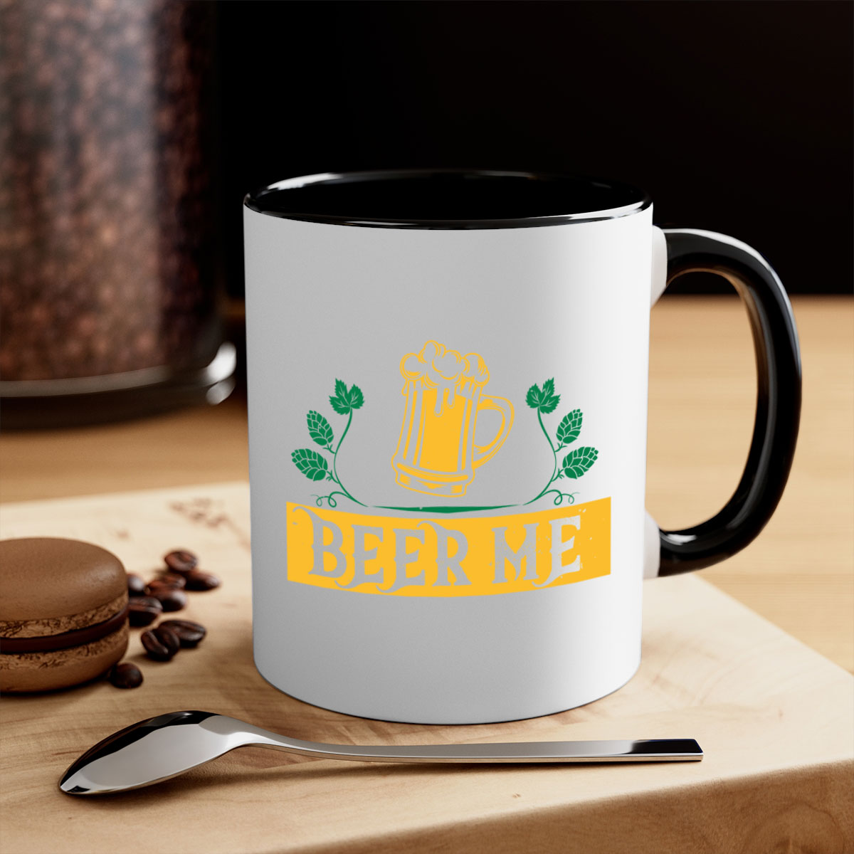 Beer Me 105# Mug featuring a glossy finish, colored handle, and interior, available in multiple colors and sizes.