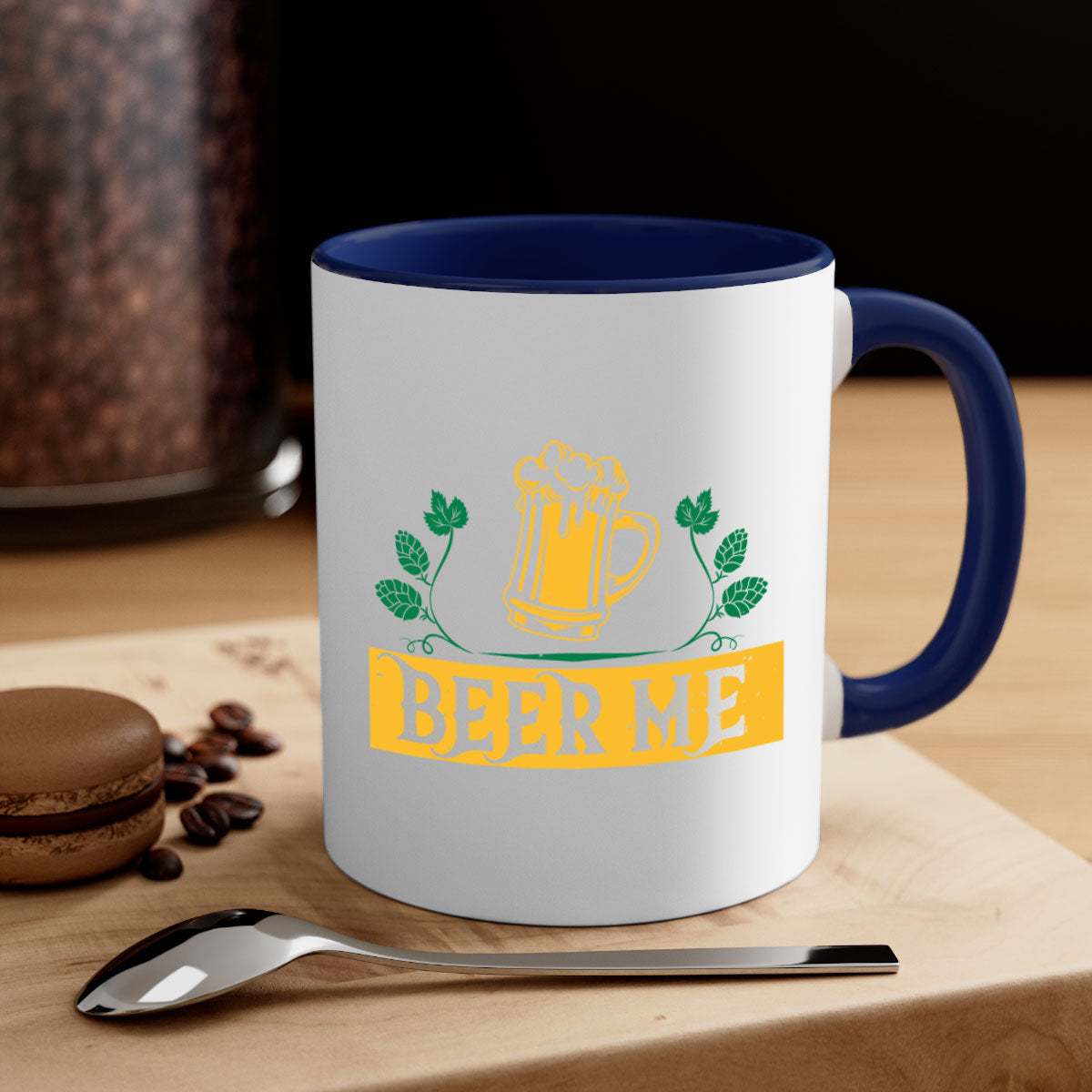 Beer Me 105# Mug featuring a glossy finish, colored handle, and interior, available in multiple colors and sizes.