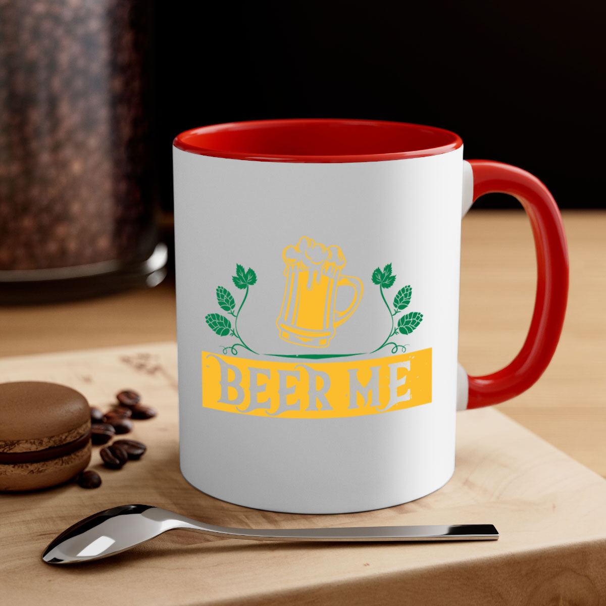 Beer Me 105# Mug featuring a glossy finish, colored handle, and interior, available in multiple colors and sizes.