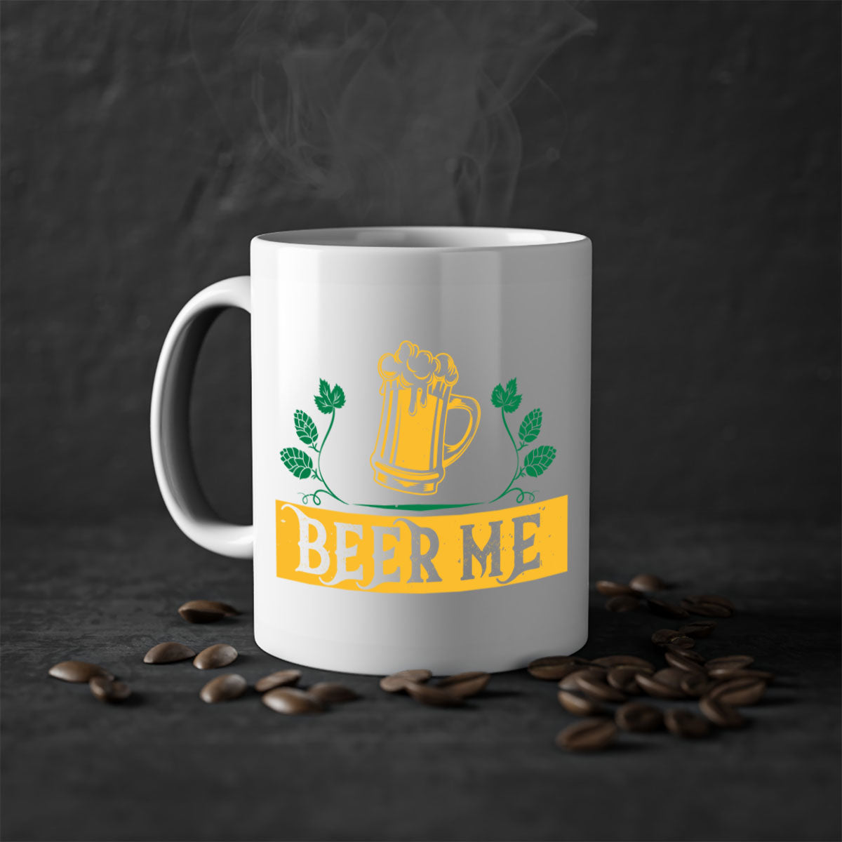 Beer Me 105# Mug featuring a glossy finish, colored handle, and interior, available in multiple colors and sizes.