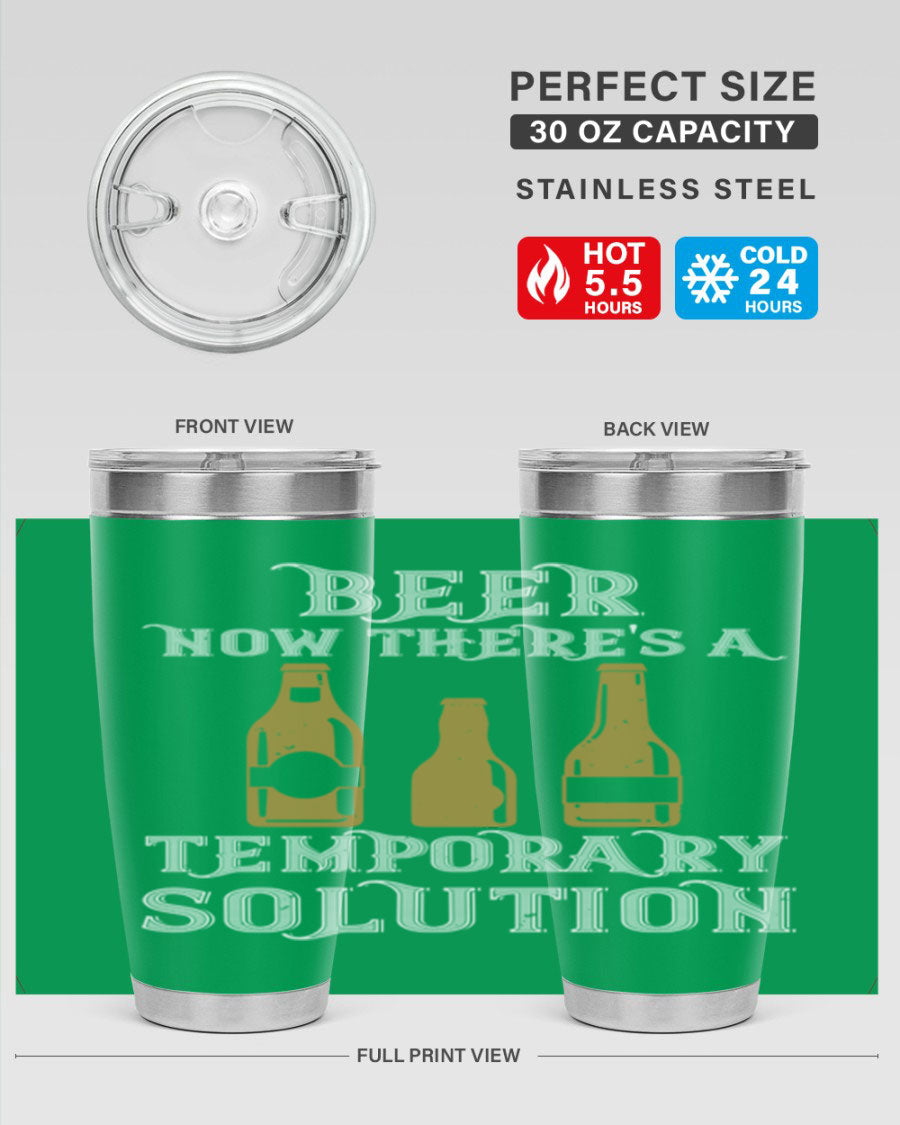 Beer Now Tumbler in stainless steel, showcasing its double wall vacuum design and drink-thru lid, perfect for keeping beverages hot or cold.