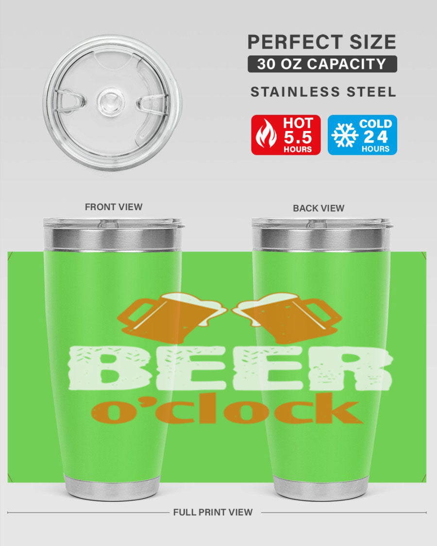 Beer O'Clock 104# Tumbler in stainless steel with a drink-thru lid, showcasing its sleek design and double wall insulation.