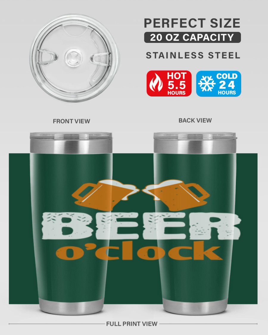 Beer O'Clock 104# Tumbler in stainless steel with a drink-thru lid, showcasing its sleek design and double wall insulation.