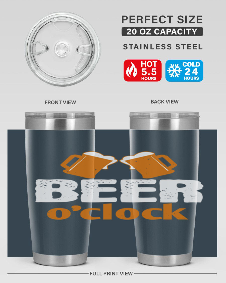 Beer O'Clock 104# Tumbler in stainless steel with a drink-thru lid, showcasing its sleek design and double wall insulation.