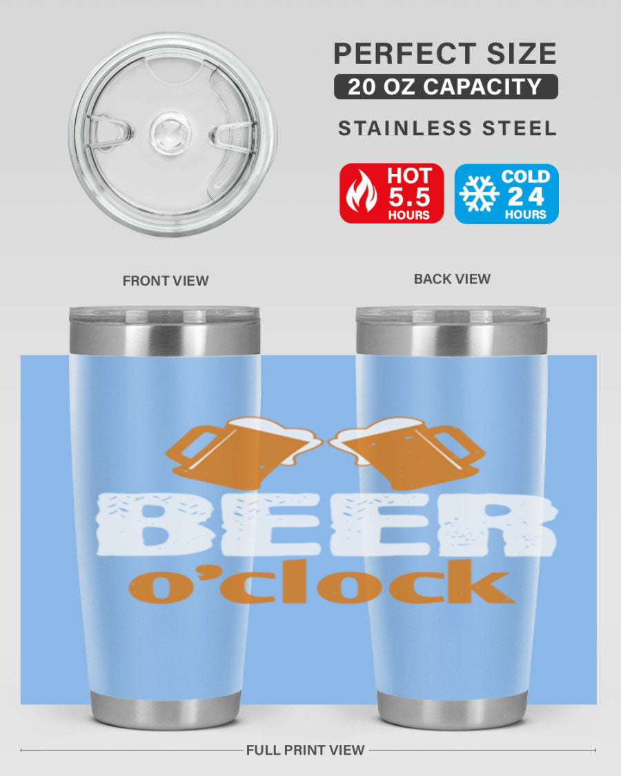 Beer O'Clock 104# Tumbler in stainless steel with a drink-thru lid, showcasing its sleek design and double wall insulation.