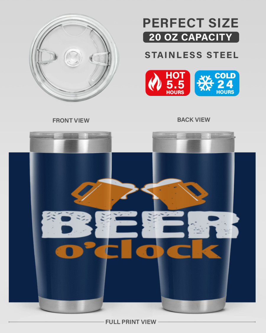 Beer O'Clock 104# Tumbler in stainless steel with a drink-thru lid, showcasing its sleek design and double wall insulation.