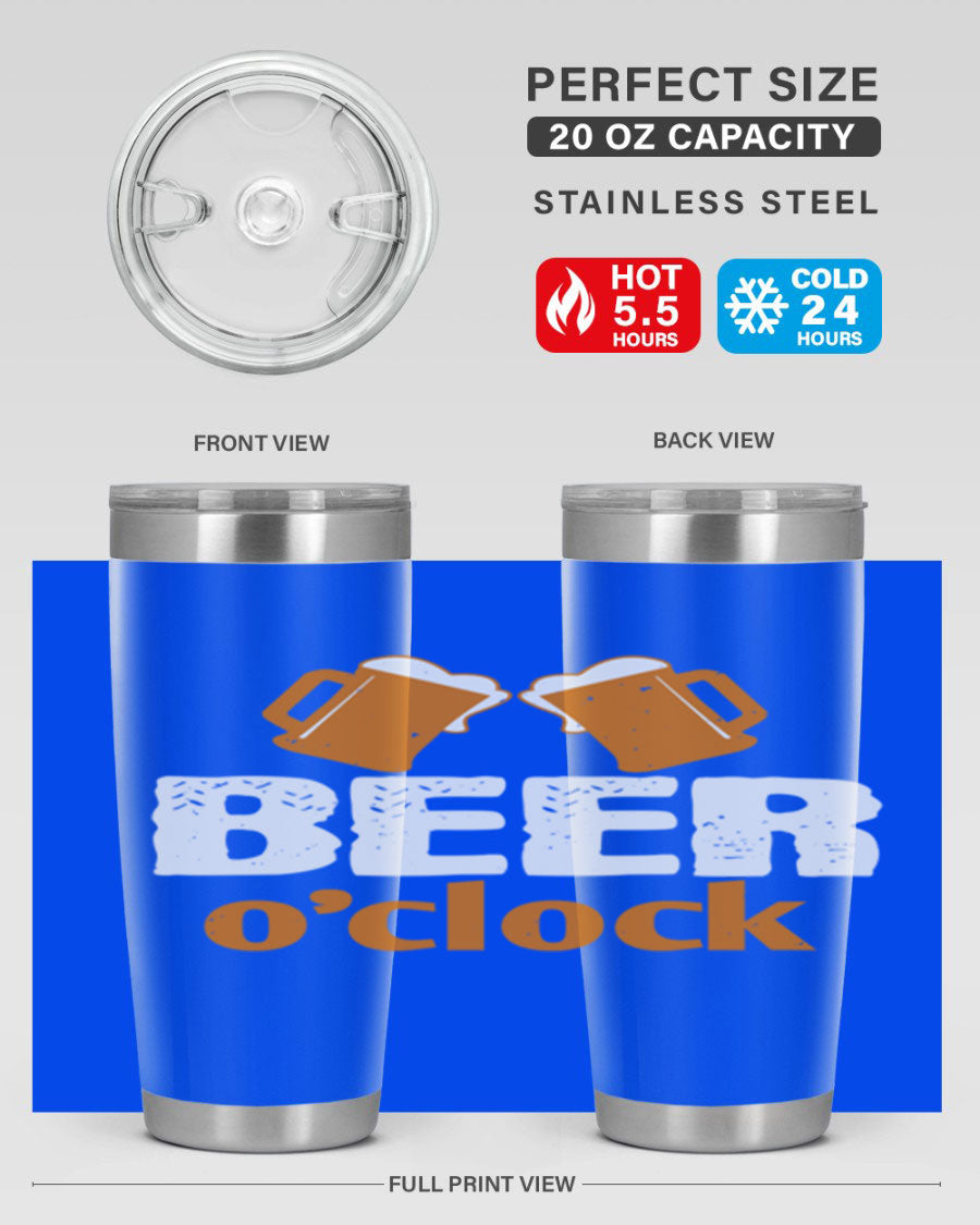 Beer O'Clock 104# Tumbler in stainless steel with a drink-thru lid, showcasing its sleek design and double wall insulation.
