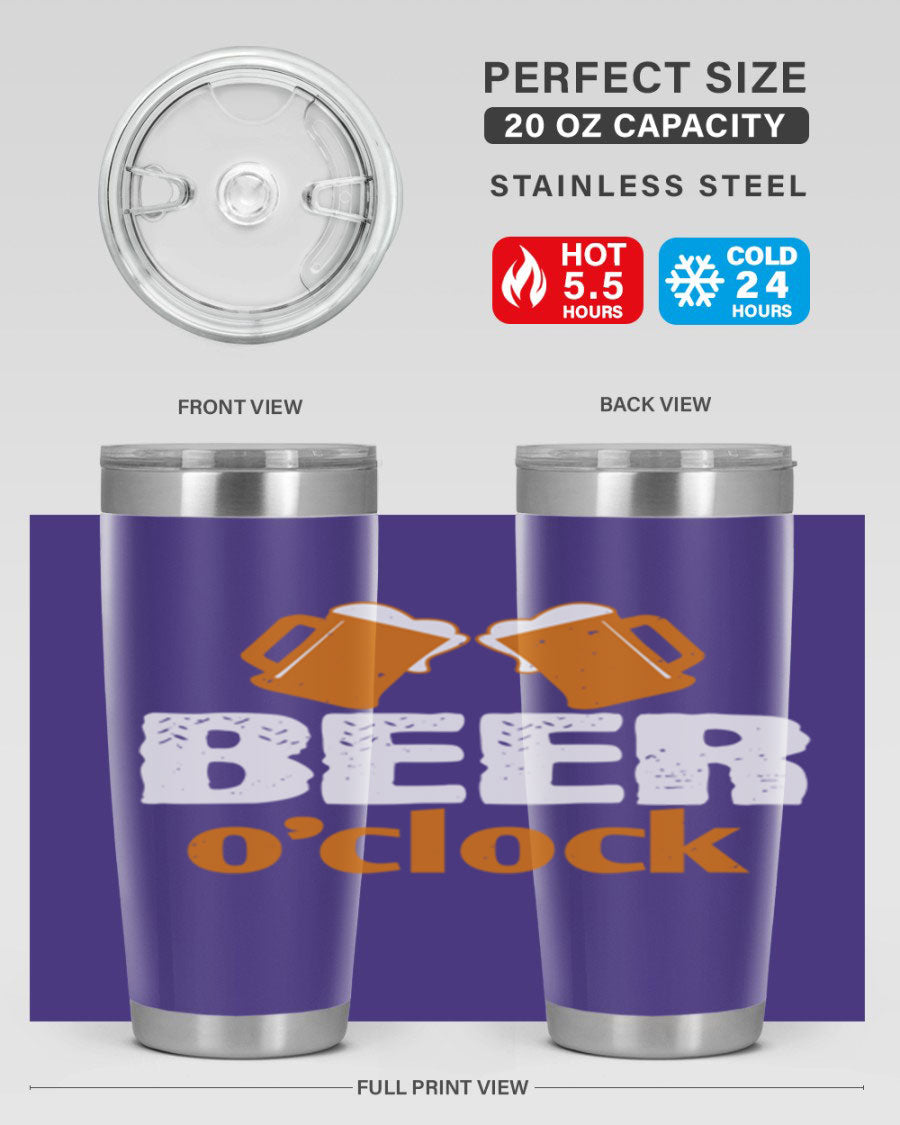 Beer O'Clock 104# Tumbler in stainless steel with a drink-thru lid, showcasing its sleek design and double wall insulation.