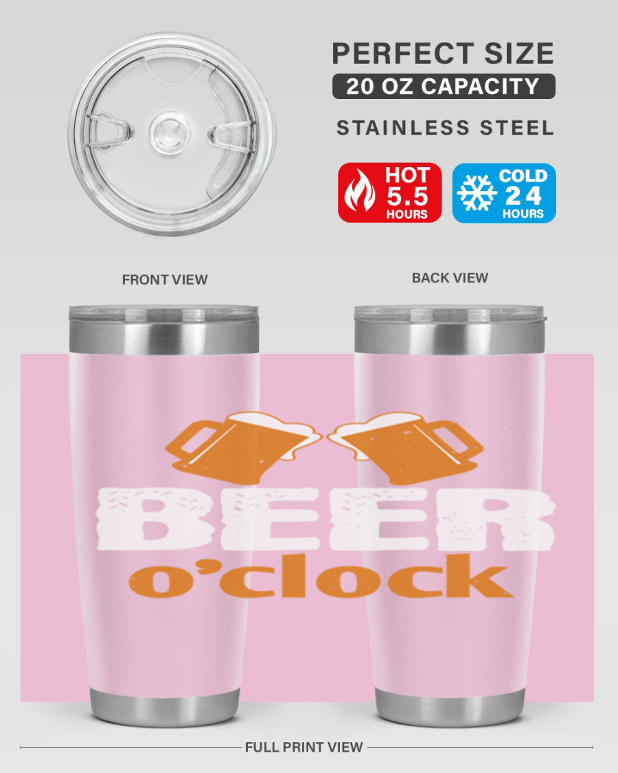 Beer O'Clock 104# Tumbler in stainless steel with a drink-thru lid, showcasing its sleek design and double wall insulation.