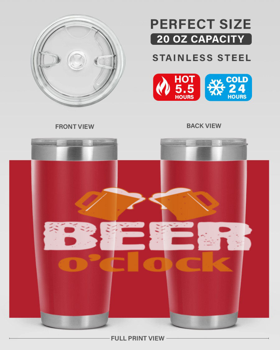 Beer O'Clock 104# Tumbler in stainless steel with a drink-thru lid, showcasing its sleek design and double wall insulation.