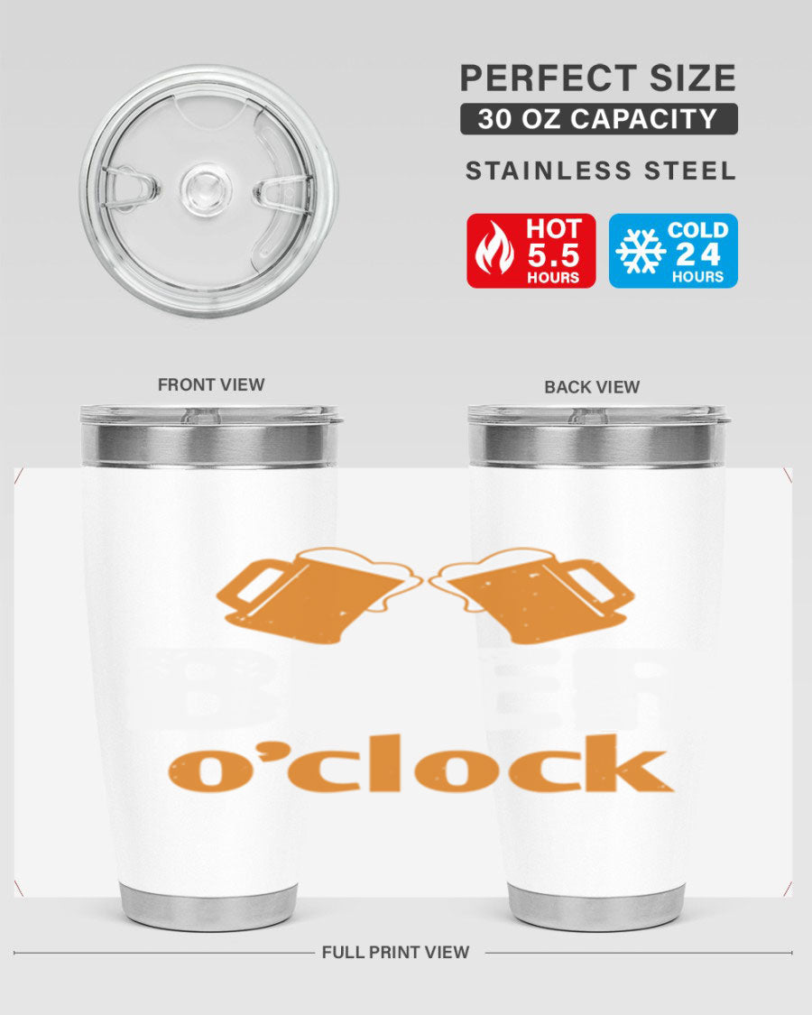Beer O'Clock 104# Tumbler in stainless steel with a drink-thru lid, showcasing its sleek design and double wall insulation.