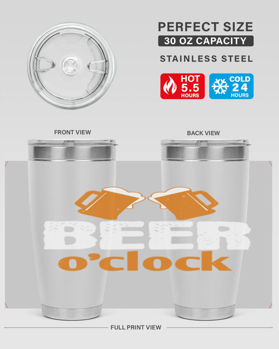 Beer O'Clock 104# Tumbler in stainless steel with a drink-thru lid, showcasing its sleek design and double wall insulation.