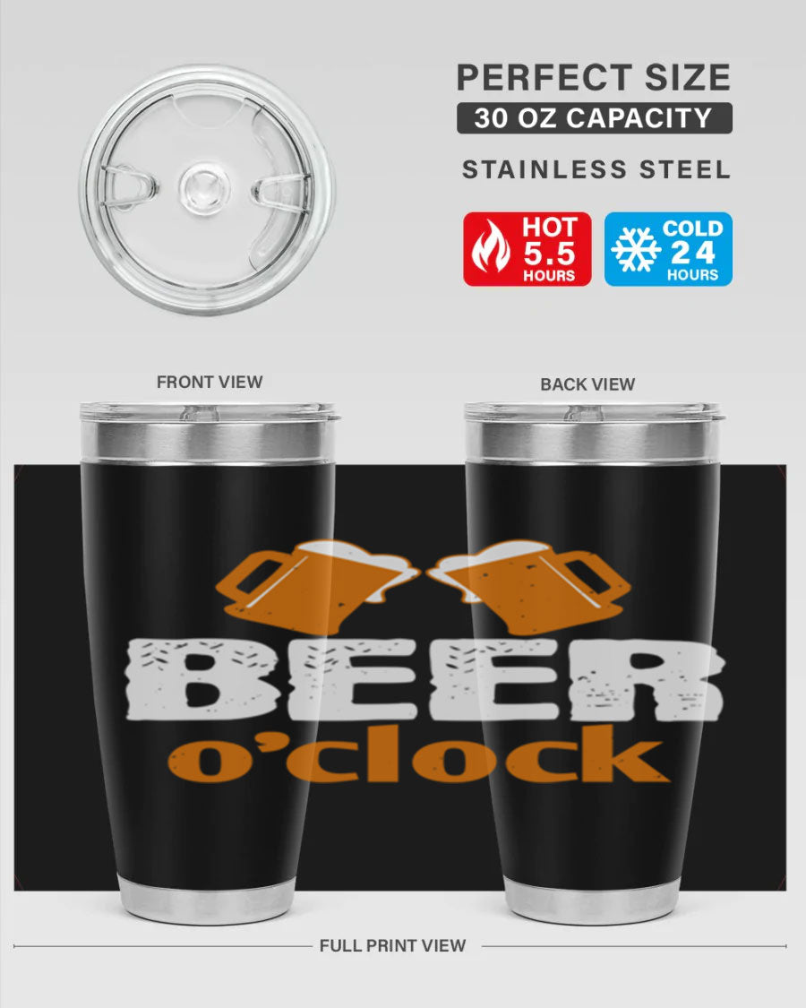 Beer O'Clock 104# Tumbler in stainless steel with a drink-thru lid, showcasing its sleek design and double wall insulation.