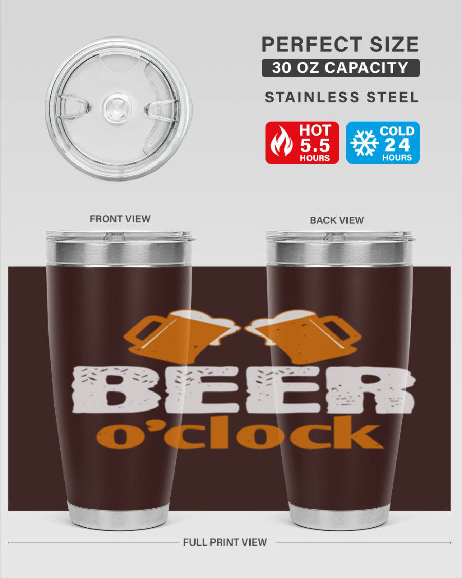 Beer O'Clock 104# Tumbler in stainless steel with a drink-thru lid, showcasing its sleek design and double wall insulation.