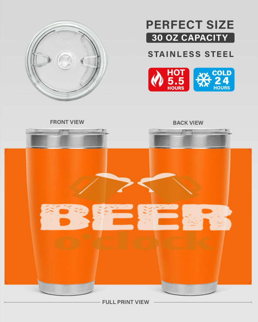 Beer O'Clock 104# Tumbler in stainless steel with a drink-thru lid, showcasing its sleek design and double wall insulation.