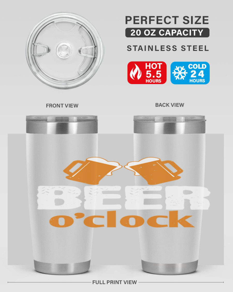 Beer O'Clock 104# Tumbler in stainless steel with a drink-thru lid, showcasing its sleek design and double wall insulation.