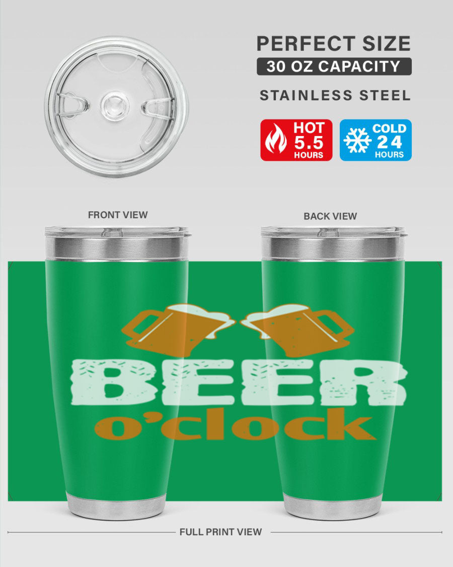 Beer O'Clock 104# Tumbler in stainless steel with a drink-thru lid, showcasing its sleek design and double wall insulation.