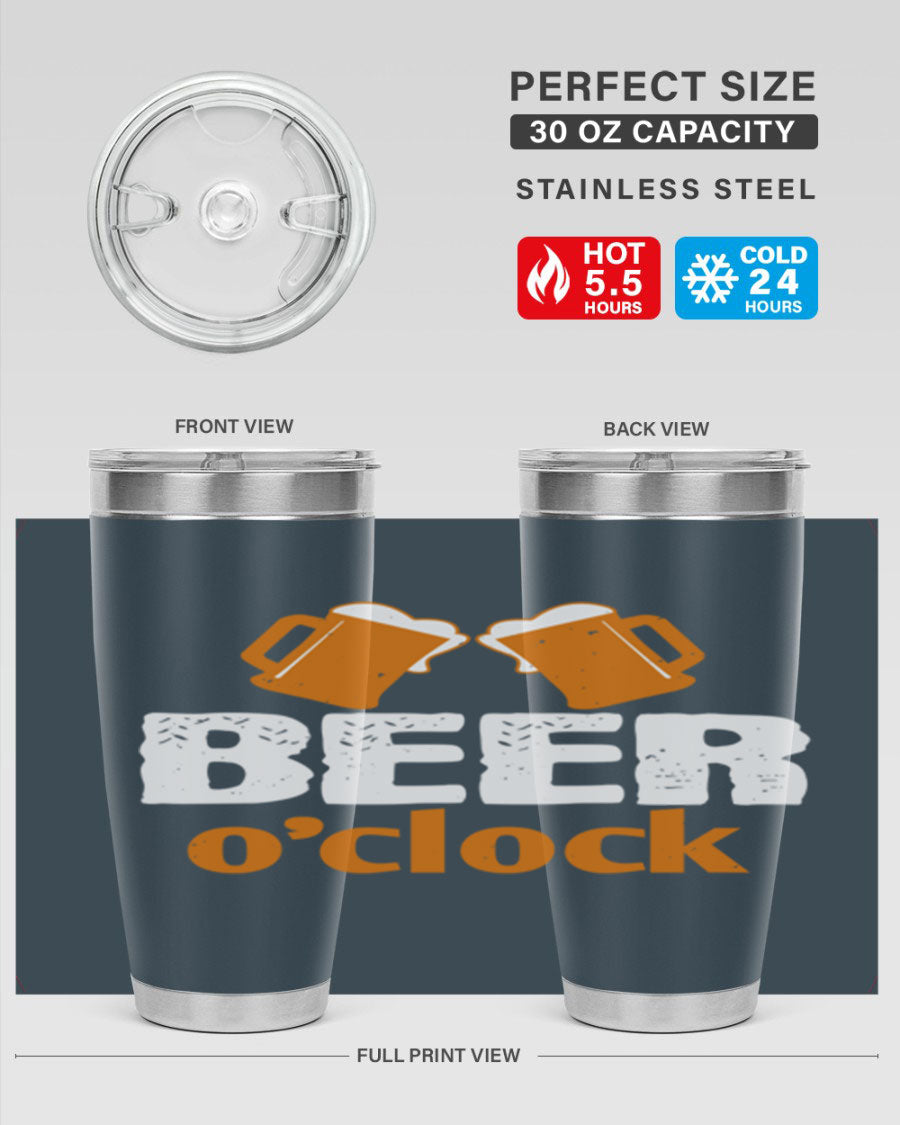Beer O'Clock 104# Tumbler in stainless steel with a drink-thru lid, showcasing its sleek design and double wall insulation.