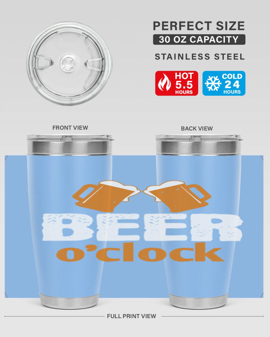 Beer O'Clock 104# Tumbler in stainless steel with a drink-thru lid, showcasing its sleek design and double wall insulation.