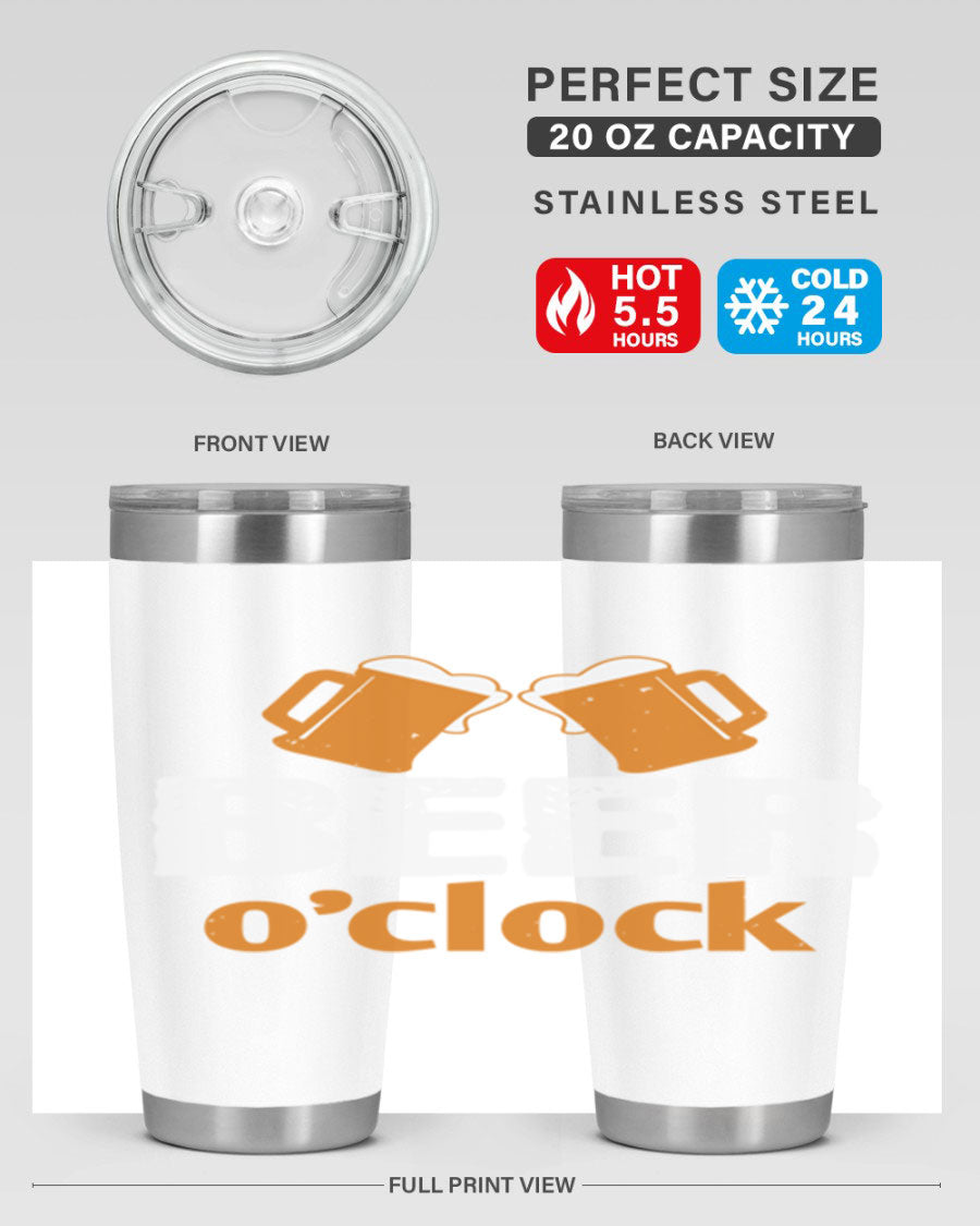 Beer O'Clock 104# Tumbler in stainless steel with a drink-thru lid, showcasing its sleek design and double wall insulation.