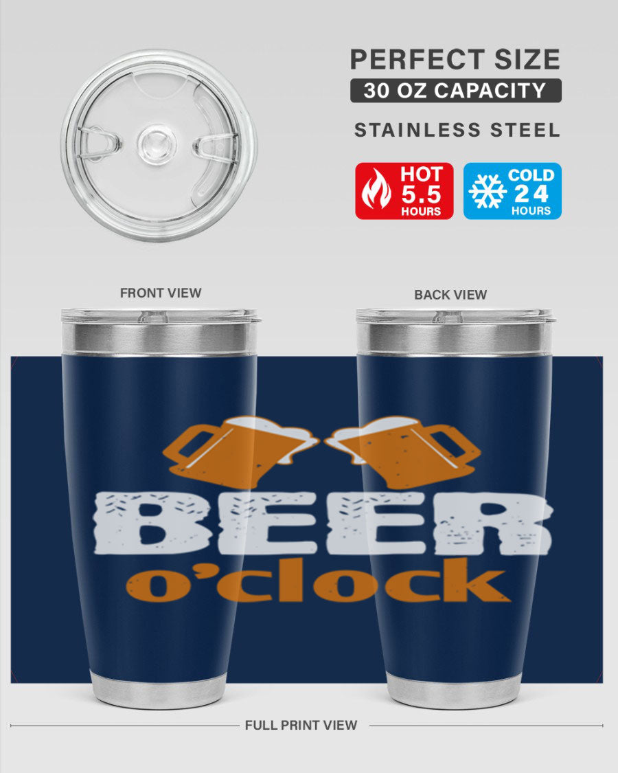 Beer O'Clock 104# Tumbler in stainless steel with a drink-thru lid, showcasing its sleek design and double wall insulation.