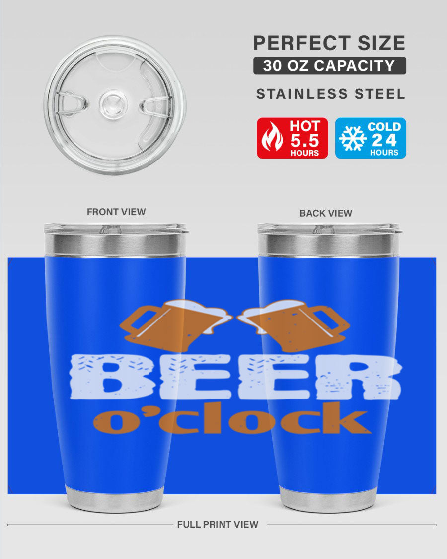 Beer O'Clock 104# Tumbler in stainless steel with a drink-thru lid, showcasing its sleek design and double wall insulation.