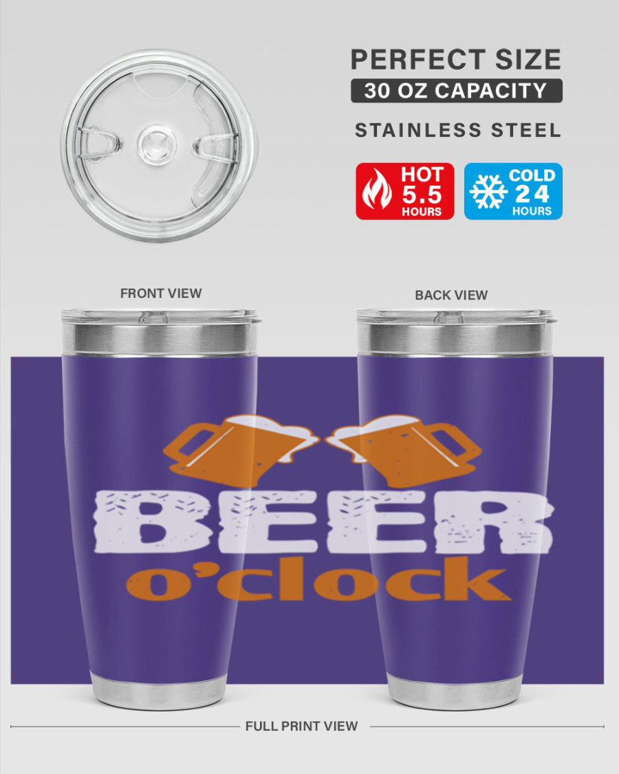 Beer O'Clock 104# Tumbler in stainless steel with a drink-thru lid, showcasing its sleek design and double wall insulation.