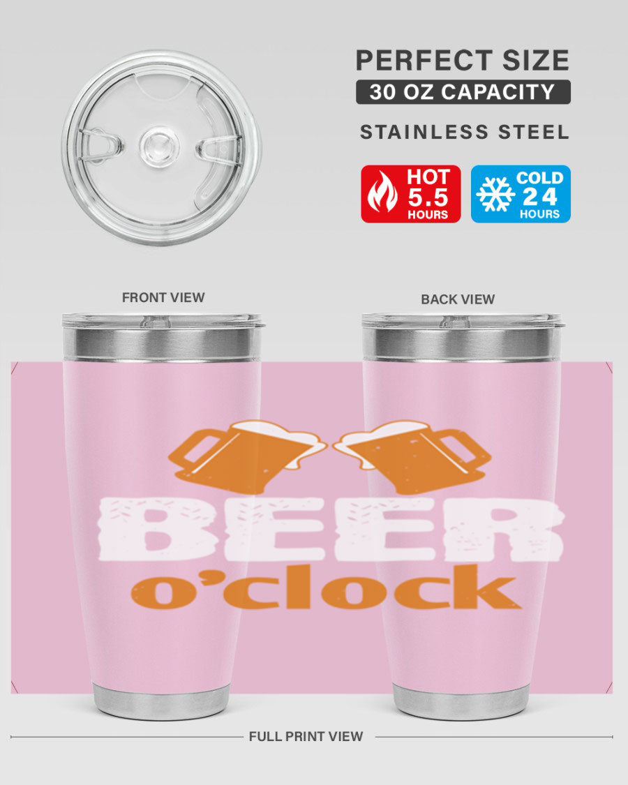 Beer O'Clock 104# Tumbler in stainless steel with a drink-thru lid, showcasing its sleek design and double wall insulation.