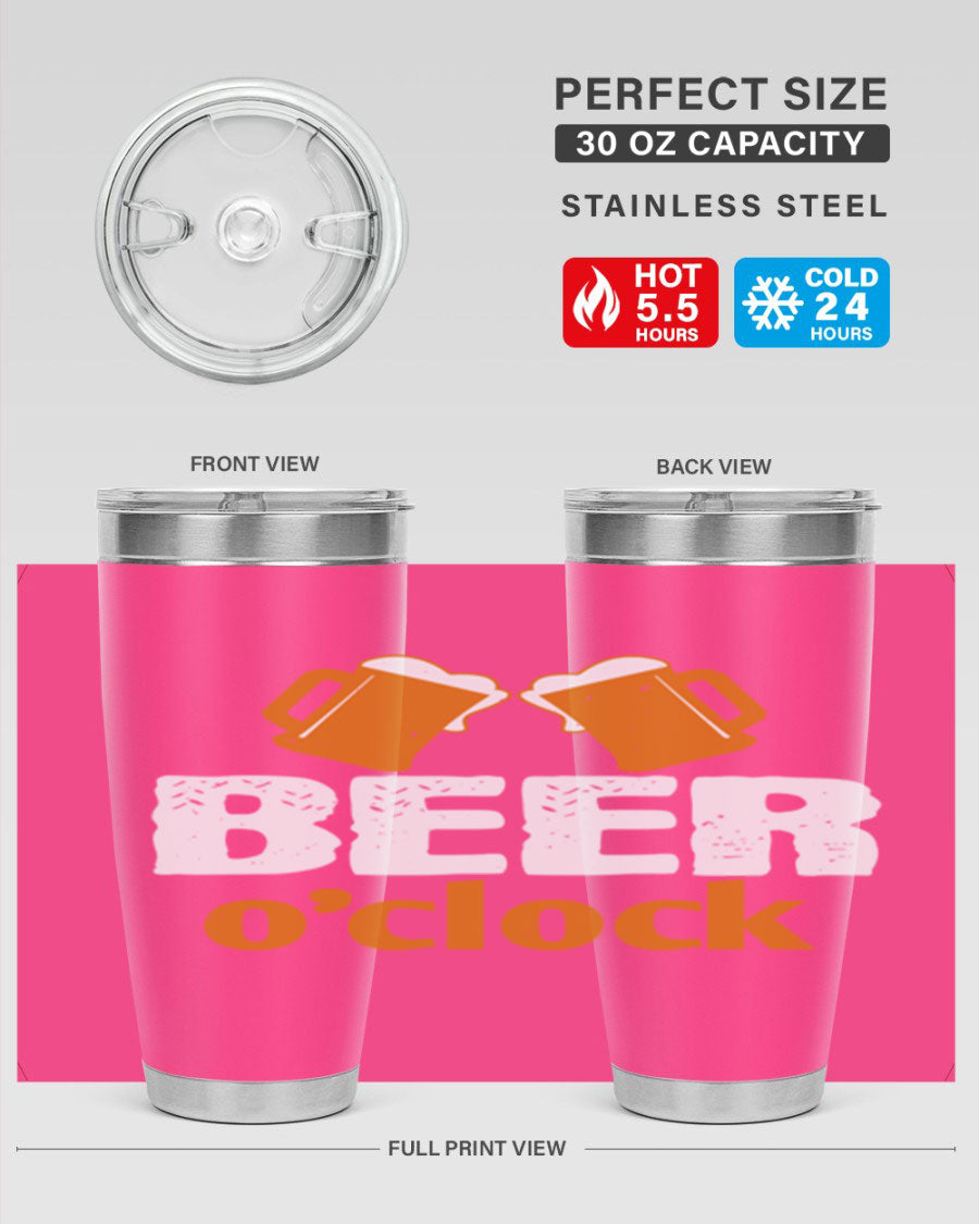 Beer O'Clock 104# Tumbler in stainless steel with a drink-thru lid, showcasing its sleek design and double wall insulation.