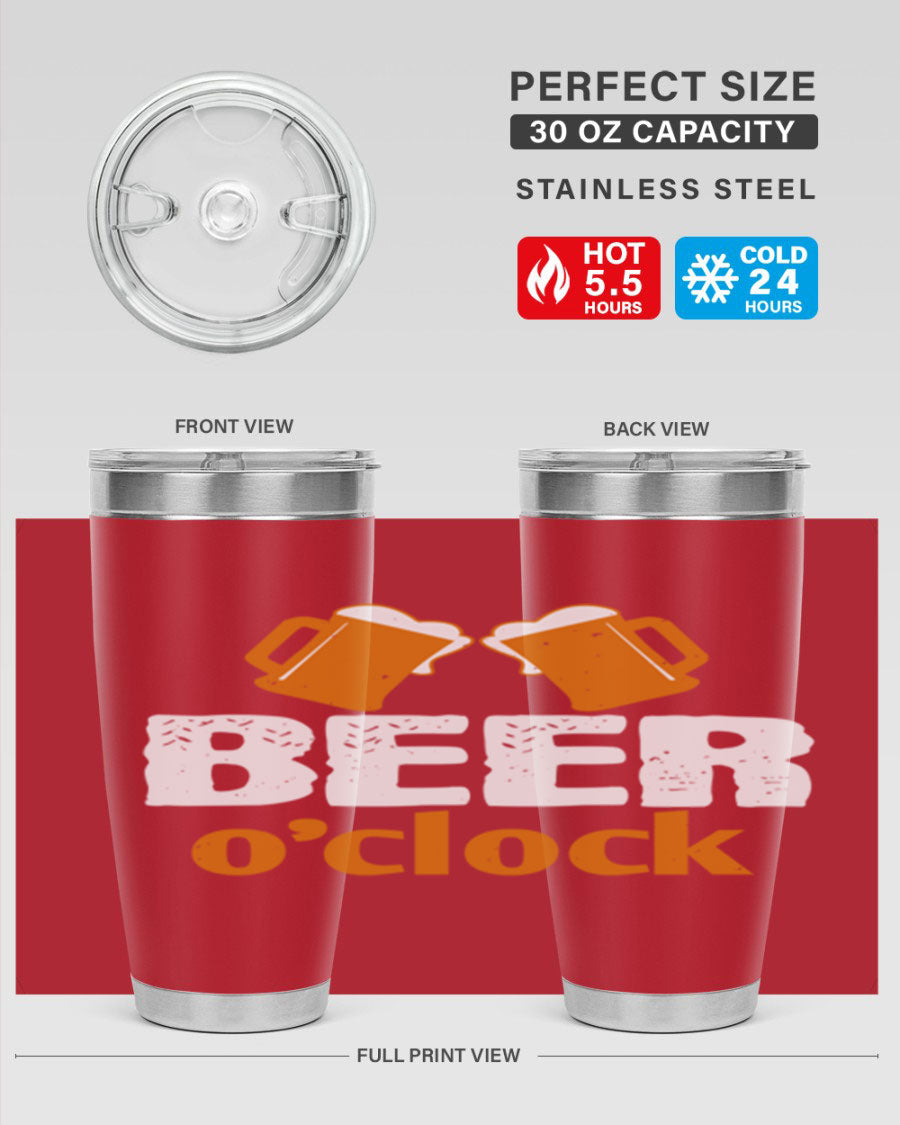 Beer O'Clock 104# Tumbler in stainless steel with a drink-thru lid, showcasing its sleek design and double wall insulation.