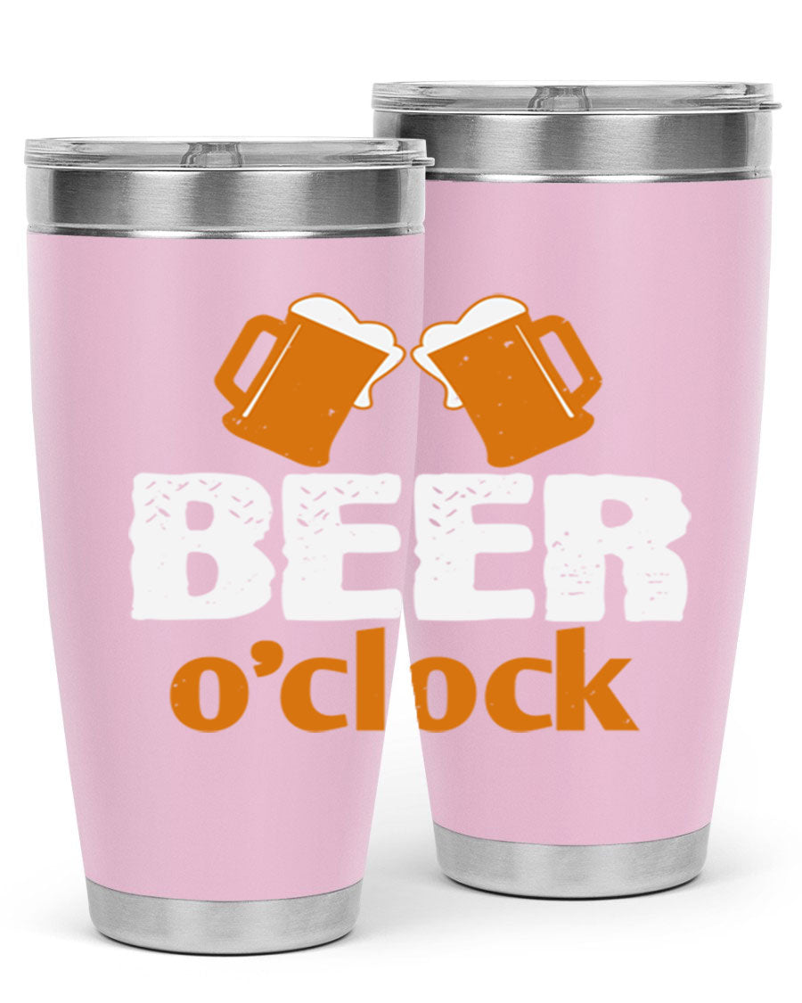 Beer O'Clock 104# Tumbler in stainless steel with a drink-thru lid, showcasing its sleek design and double wall insulation.