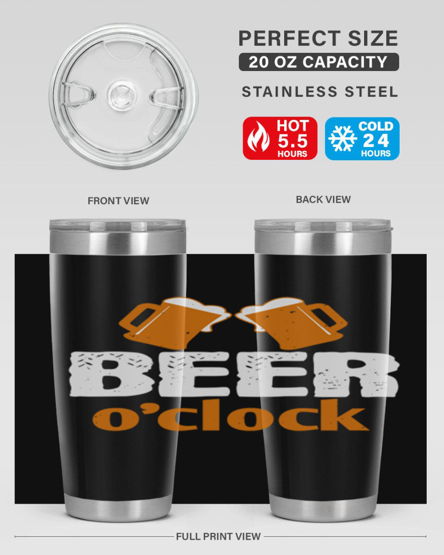 Beer O'Clock 104# Tumbler in stainless steel with a drink-thru lid, showcasing its sleek design and double wall insulation.