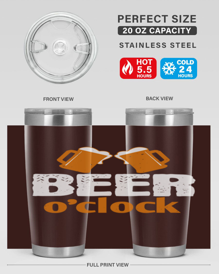 Beer O'Clock 104# Tumbler in stainless steel with a drink-thru lid, showcasing its sleek design and double wall insulation.
