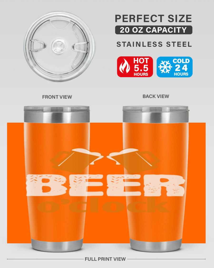 Beer O'Clock 104# Tumbler in stainless steel with a drink-thru lid, showcasing its sleek design and double wall insulation.