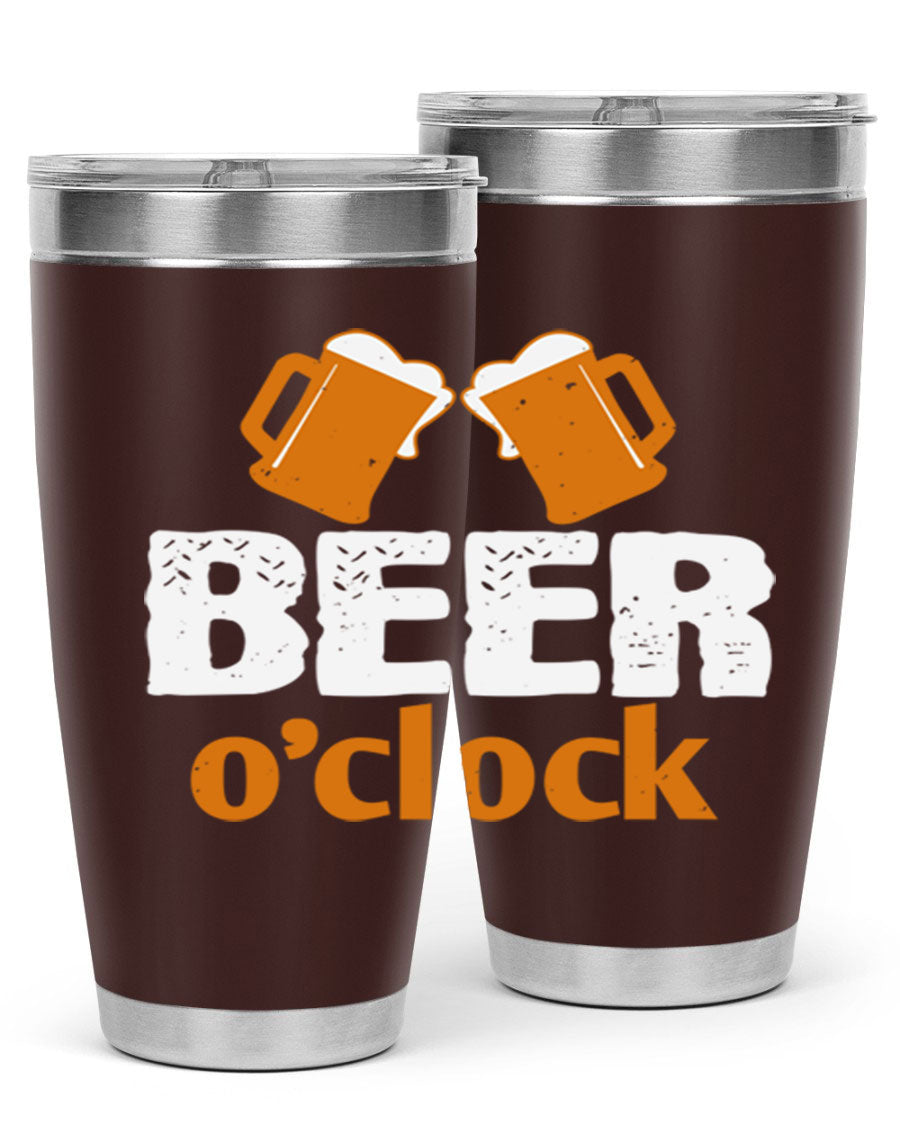Beer O'Clock 104# Tumbler in stainless steel with a drink-thru lid, showcasing its sleek design and double wall insulation.