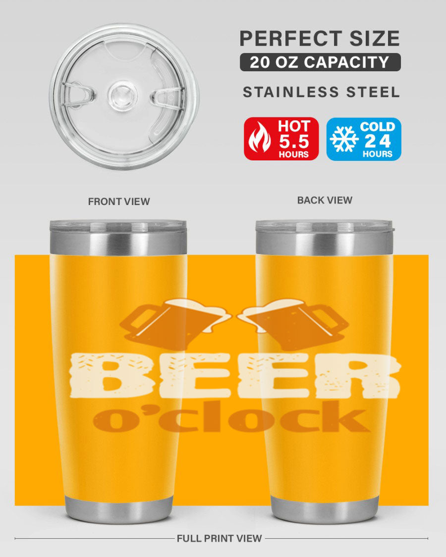 Beer O'Clock 104# Tumbler in stainless steel with a drink-thru lid, showcasing its sleek design and double wall insulation.