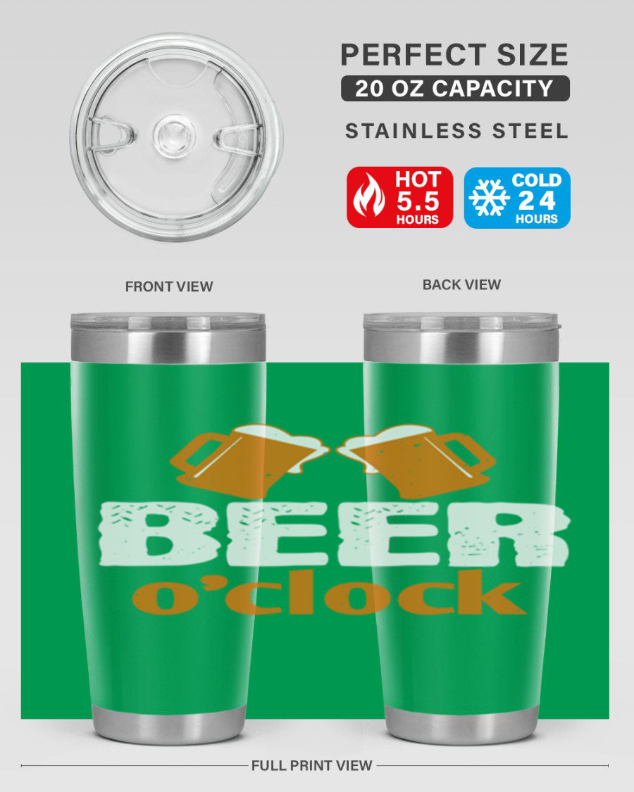 Beer O'Clock 104# Tumbler in stainless steel with a drink-thru lid, showcasing its sleek design and double wall insulation.